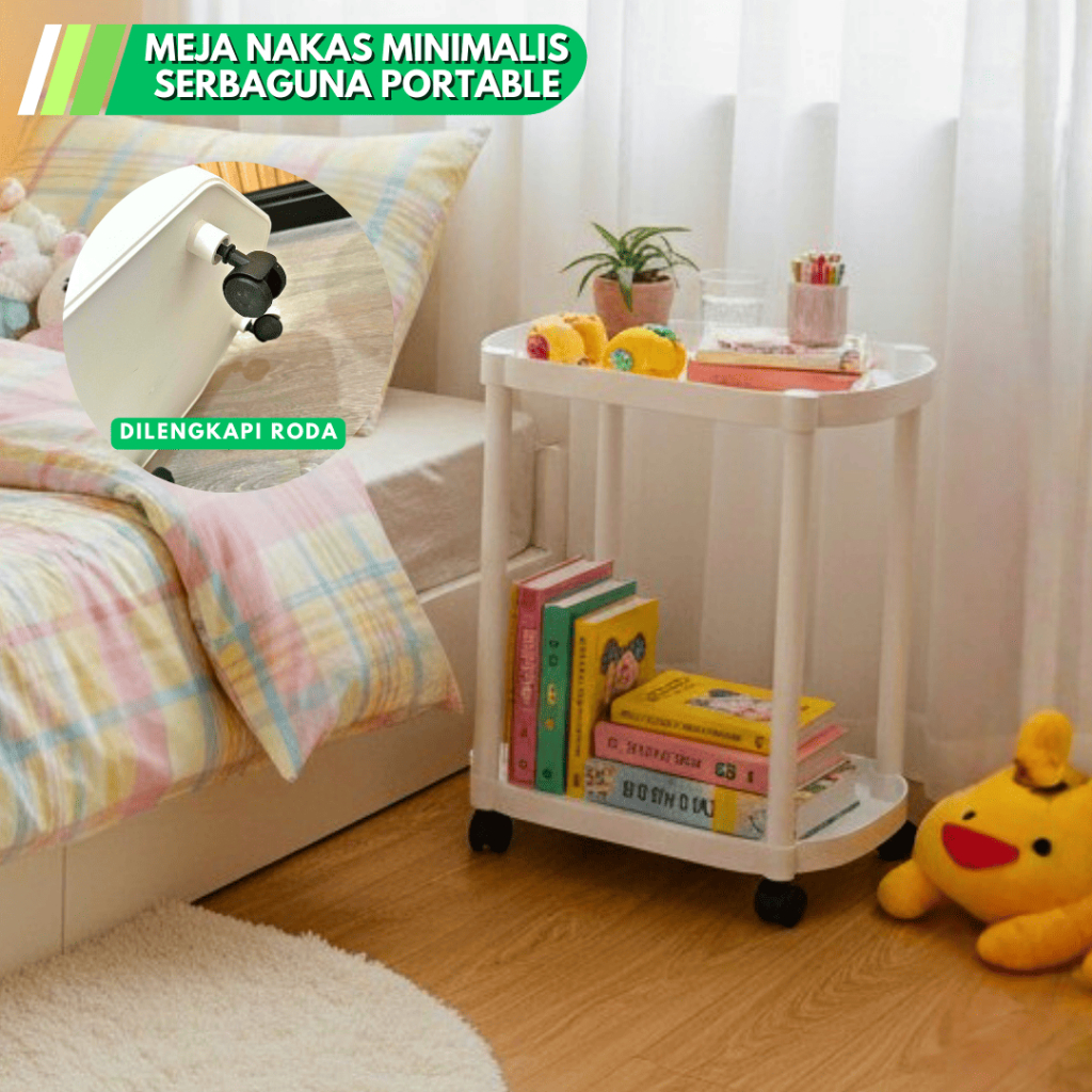 MEJA NAKAS OVAL MINIMALIS / MEJA KECIL MODERN SERBAGUNA 2 TINGKAT DENGAN RODA