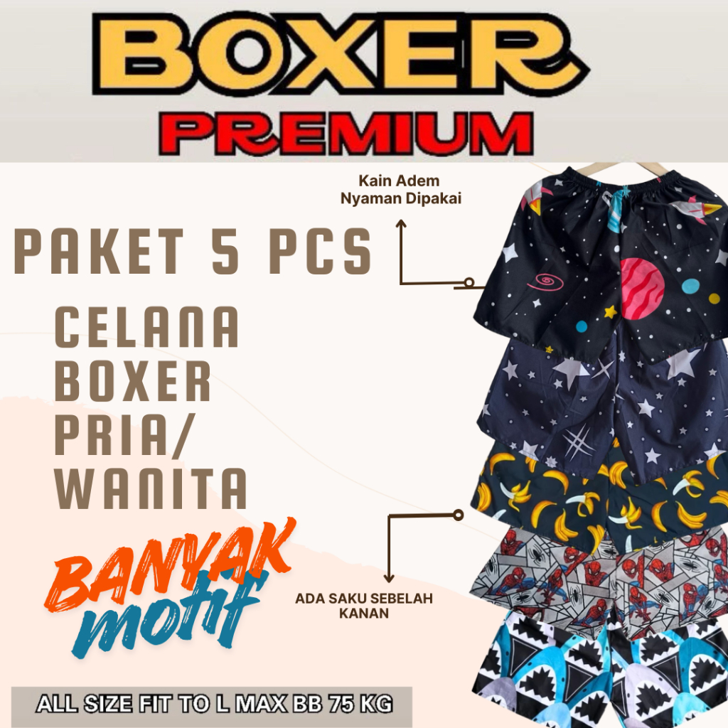 PAKET (5pcs)Celana Pendek |CELANA BOXER| BOXER PRIA | Motif Pria Wanita / BOXER UNISEX / BOXER PRIA 