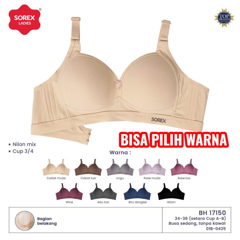 BH SOREX 17150 TANPA KAWAT BUSA KAIT 3 BRA CUP B-C 3/4 UK 34-42 SOREX BRA NILON MIX