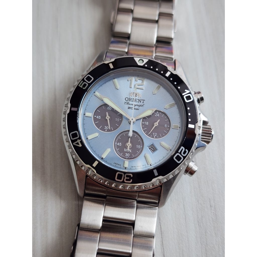 Orient Mako Solar Panda Chronograph RN-TX0206L Light Blue Dial JDM Made In Japan