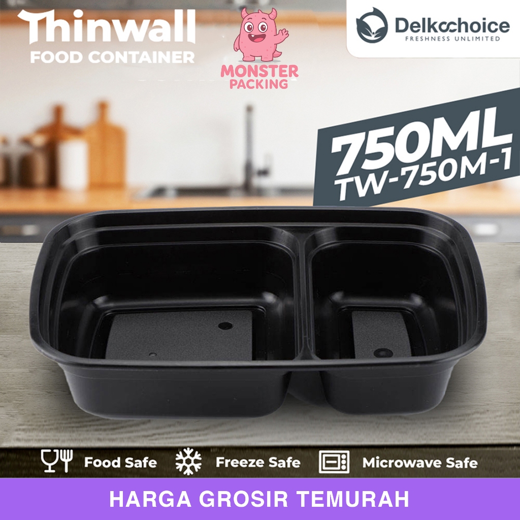 Thinwall premium food container hitam rectangle black 2 sekat ukuran 750ml