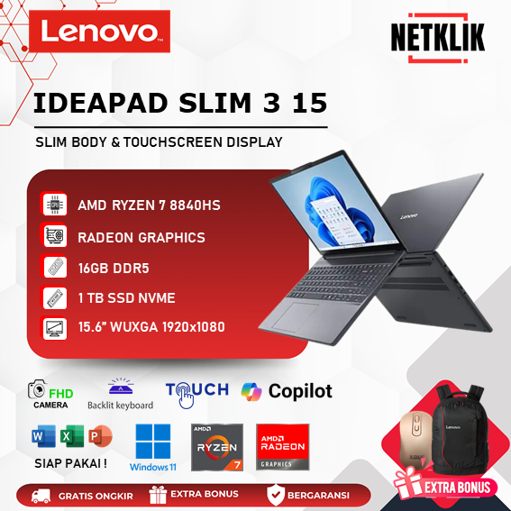Lenovo Ideapad Slim 3 15 Ryzen 7 8840HS 16GB DDR5 1TB SSD IPS Touchscreen Windows11