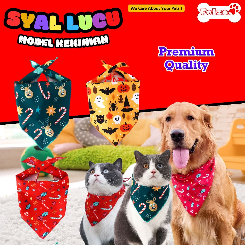 Syal Leher Kucing Bentuk Segitiga Motif Print Rusa Santa Claus Untuk Kucing Anjing Peliharaan FETZOO