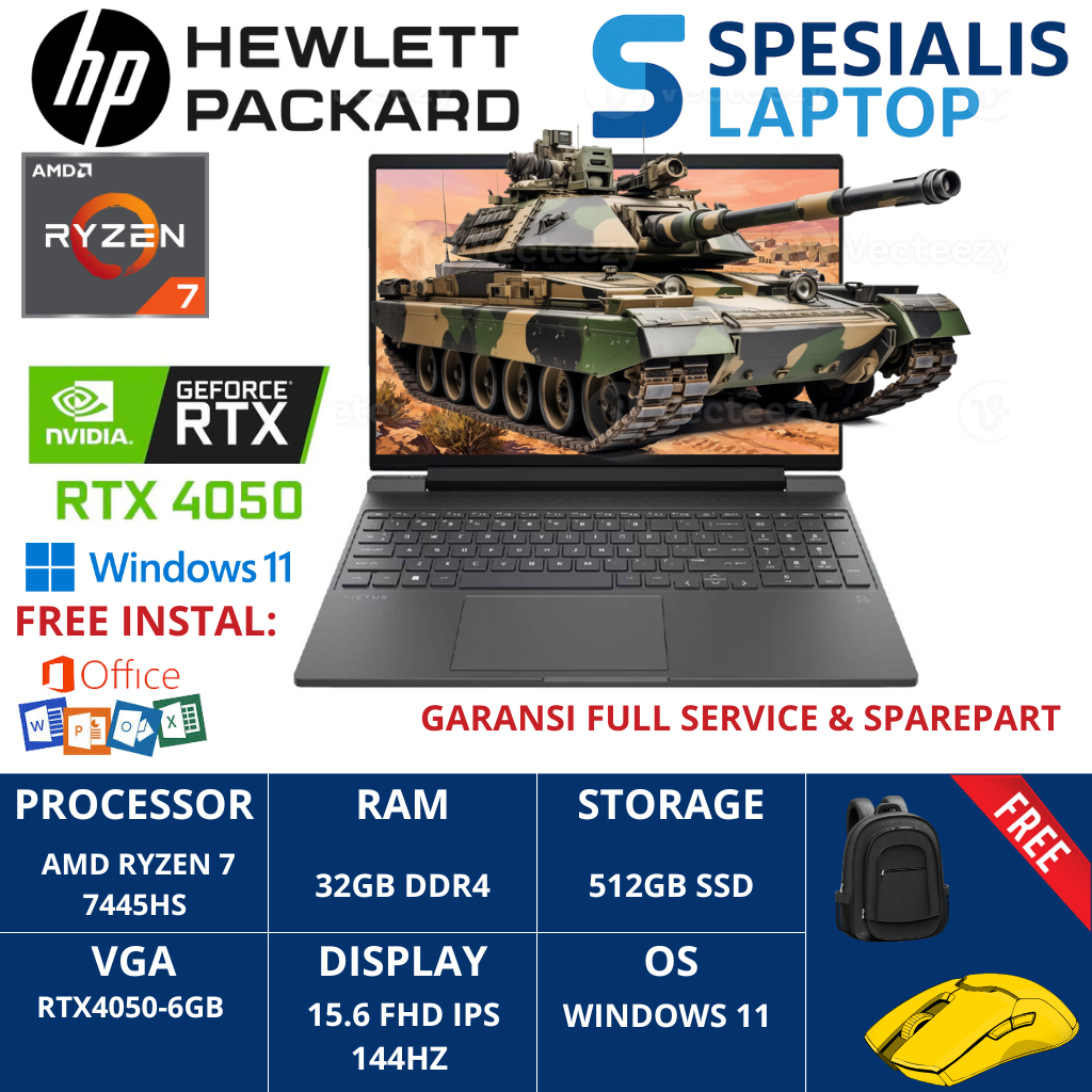 Laptop HP Victus 15 Ryzen 7 7445HS 16GB DDR5 512GB RTX4050-6GB 15.6 FHD IPS 144HZ Backlit WIN11