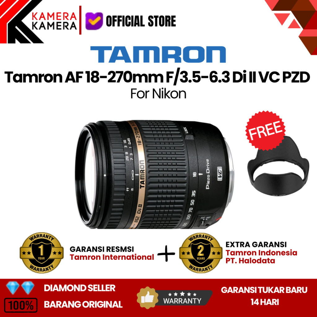 Tamron AF 18-270mm F/3.5-6.3 VC DI II PZD for Nikon Lens  + Lens Hood Garansi Resmi