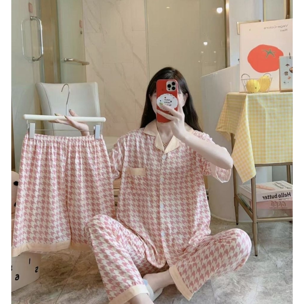 AWDAILY Piyama Baju Tidur Wanita Set 3 in 1 Pink Motif Kotak - Celana Panjang & Pendek CP Setelan Ko