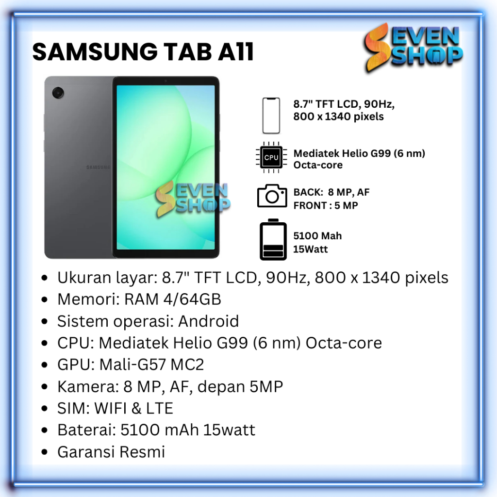 SAMSUNG GALAXY TAB A11 WIFI / LTE RAM 4/64GB GARANSI RESMI 12 BULAN