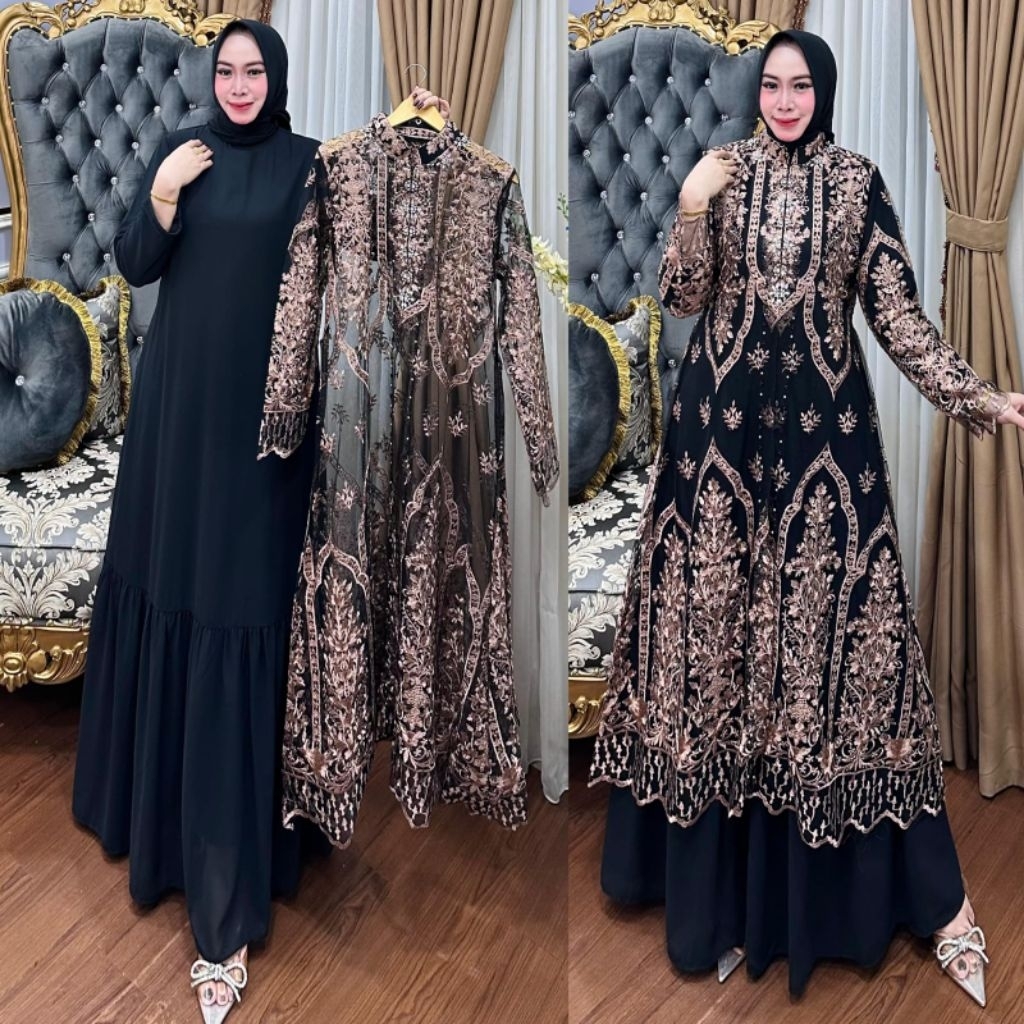 Gamis Set Brokat Tille Payet Premium, Inner Ceruty Babydoll Premium Full Furing. Outer Tille Payet. 