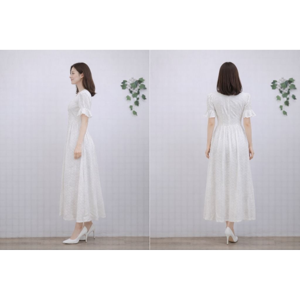 DRESS putih bahan katun motif bunga lubang pantai katbol zara preloved
