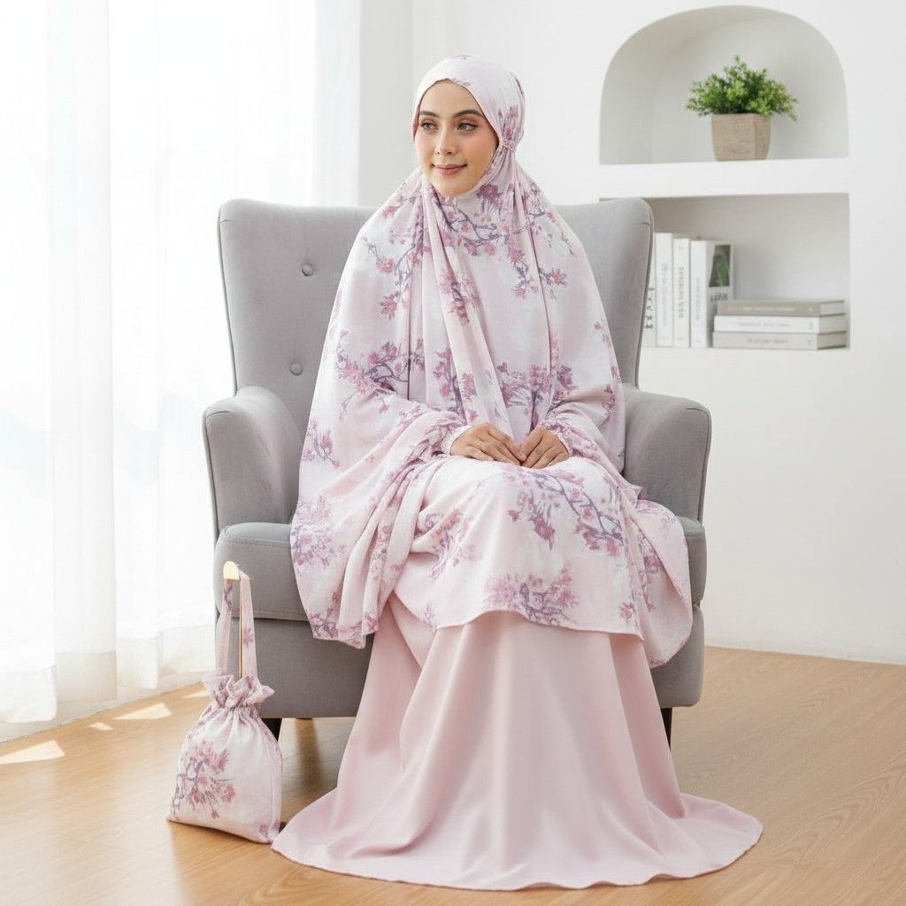 mukena tazbiya spring sakura mukena rayon premium all size M fit to jumbo xxl