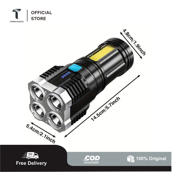 [TG] Senter LED 4 Mata Rechargeable Super Terang Lampu Utama Dan COB Samping Untuk Outdoor