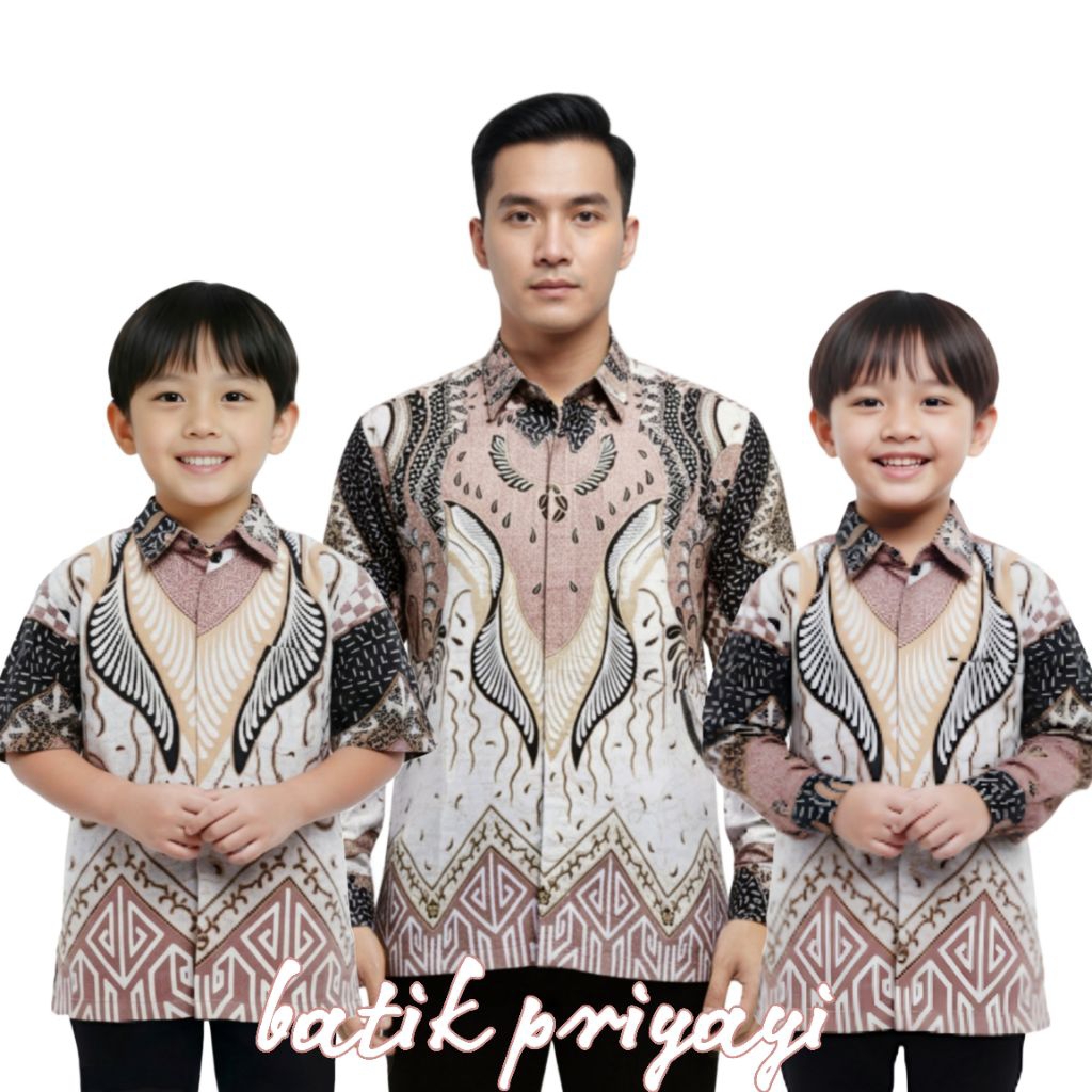 Kemeja Batik Anak Laki-Laki Lengan Panjang Batik Ayah dan Anak Cowok warna Peach Fuzz Salem Putih
