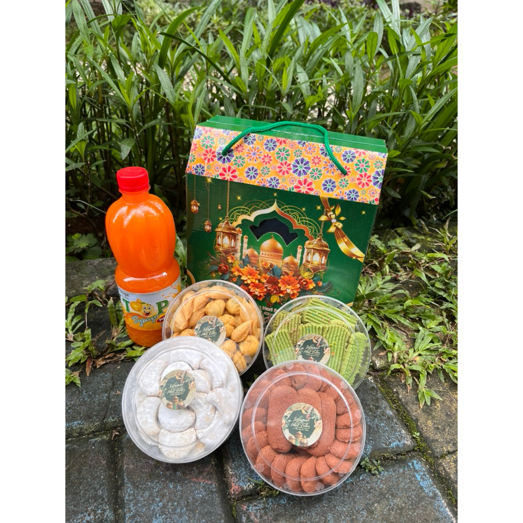 Paket Kue Lebaran / Hampers Lebaran isi 5 Premium Toples 250gr Syrup 800ml + LidahKucing/Semprit/Sal