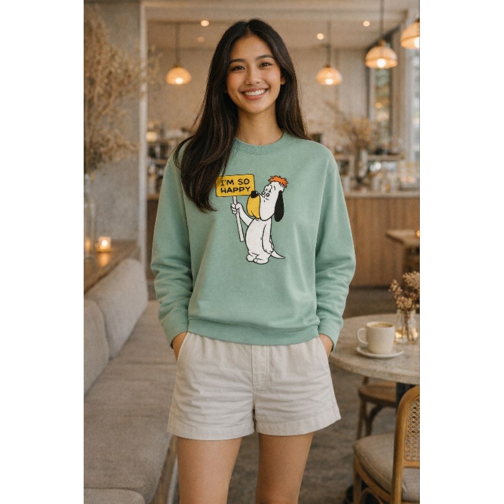 Crewneck Sweatshirt Pria Wanita Warna Sage Green Print Cartoon “I’m So Happy” | Unisex | Santai & St