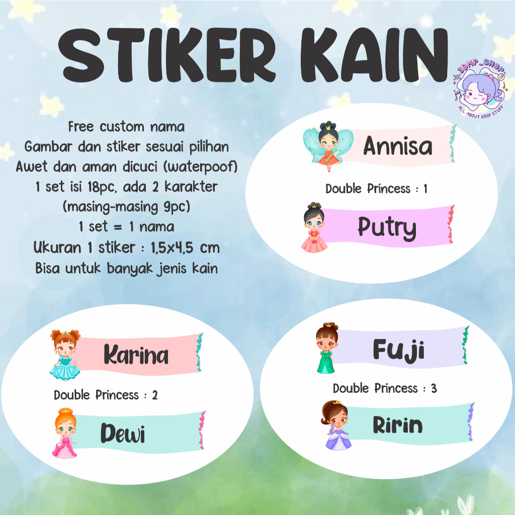 stiker nama kain baju custom label sablon setrika laki laki pria perempuan gadis wanita anak Double 