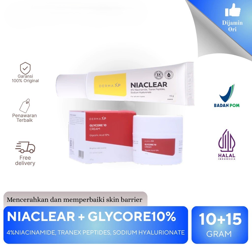 (ORIGINAL) Paket NIACLEAR Niacinamide 4% Gel & GLYCORE-10 | Untuk Mencerahkan & Perawatan Noda Hitam