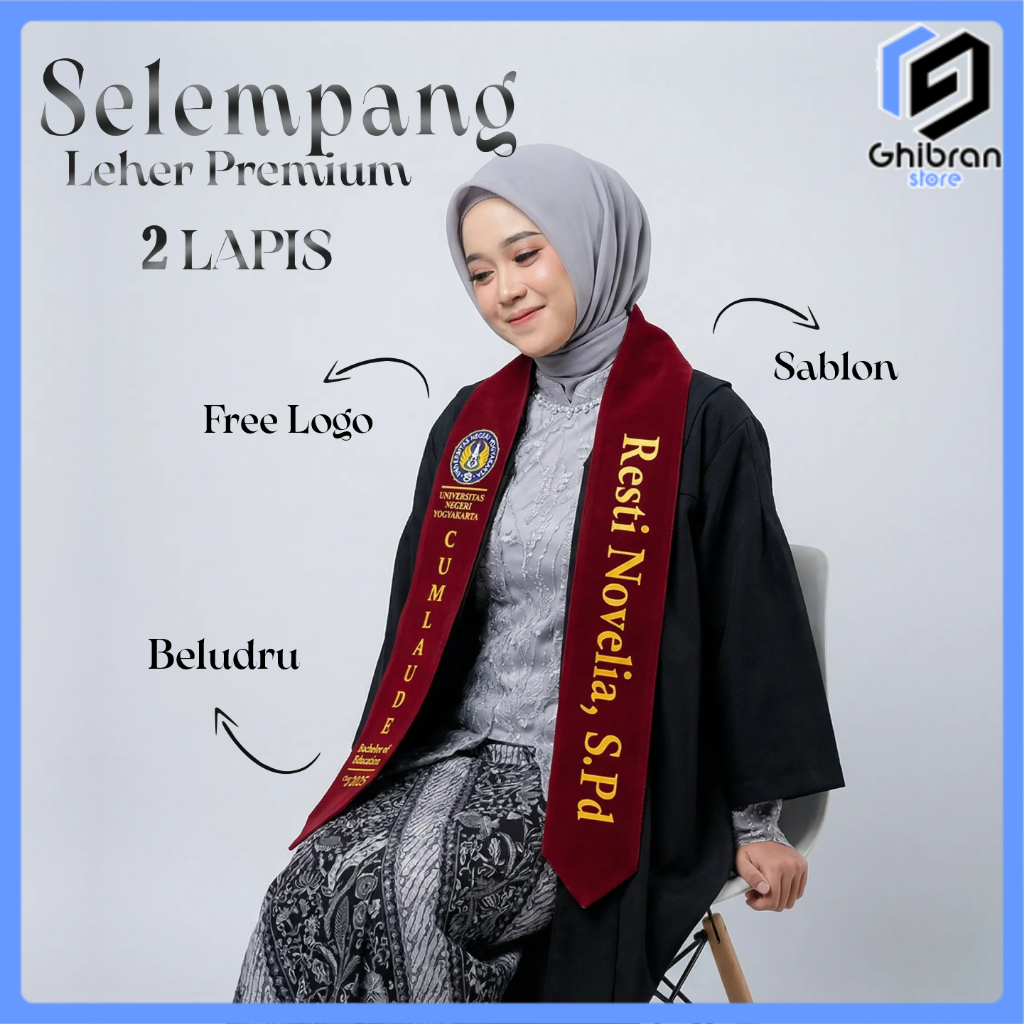 Selempang Wisuda Custom Nama dan Logo - Tebal 2 Lapis Premium Cumlaude