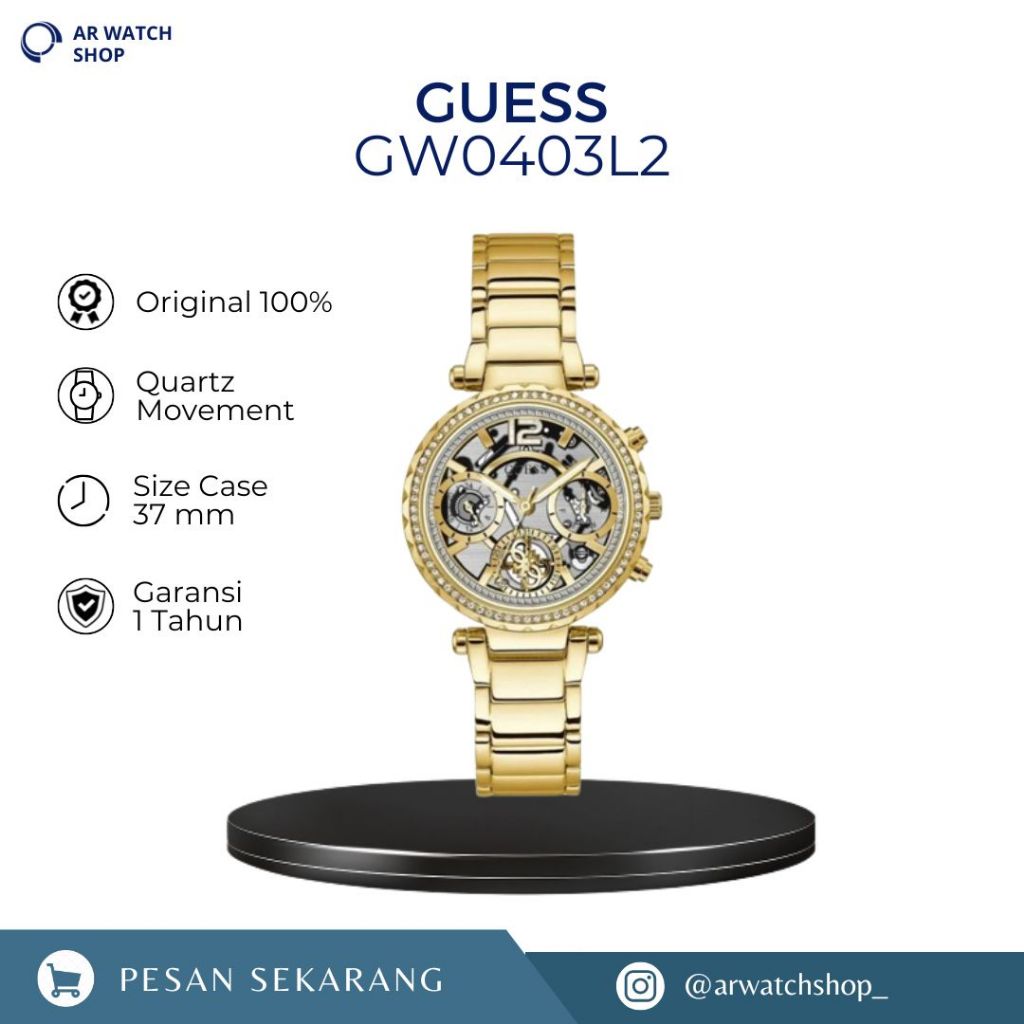 Jam Tangan Guess Wanita Solstice GW0403L2 Skeleton Dial Gold Stainless Steel Strap