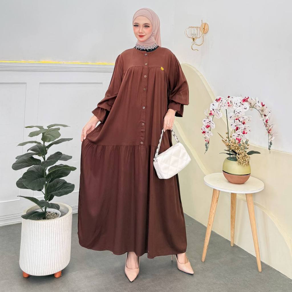 Ataliya Midi Dress Gamis Rayon Twill Bordir Bunga lengan balon