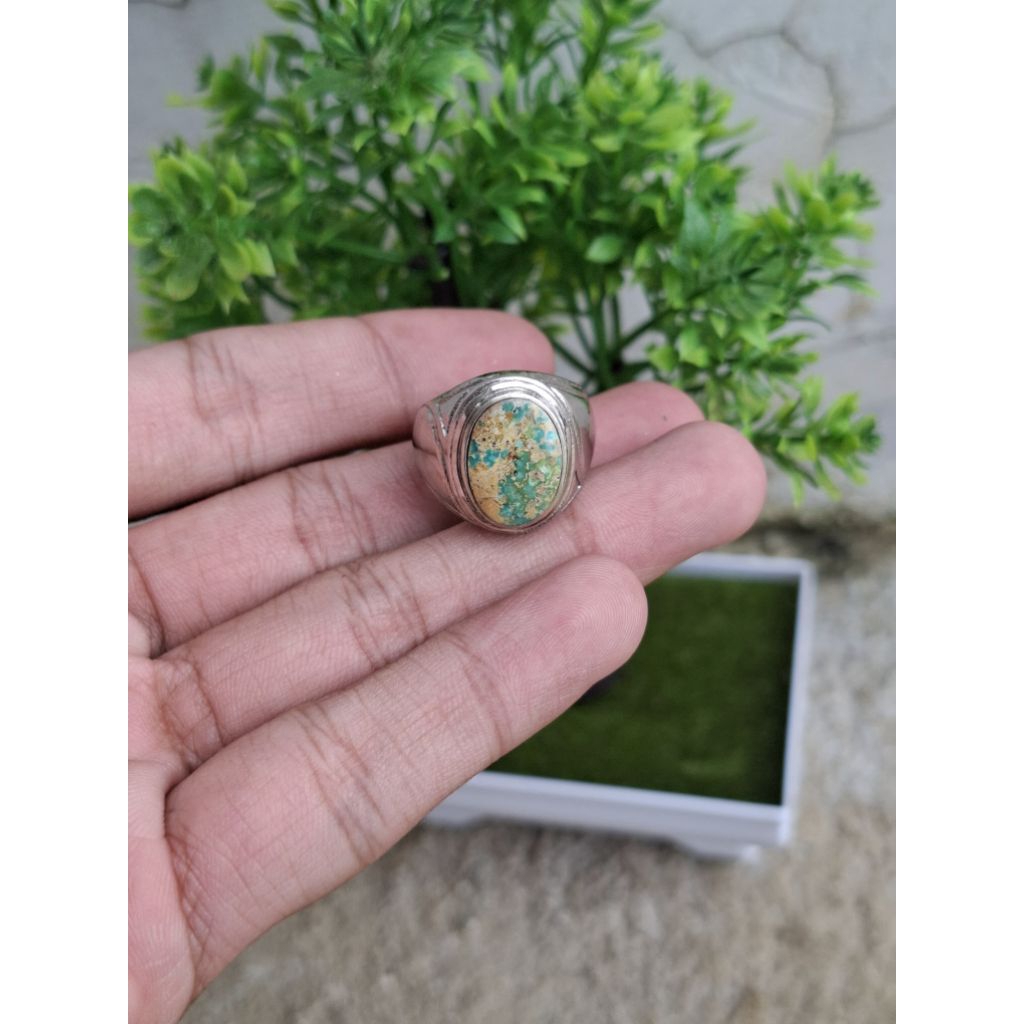 Natural Pirus Persia Hijau Ceplok Kura Serat Emas Ring Alpaka Super