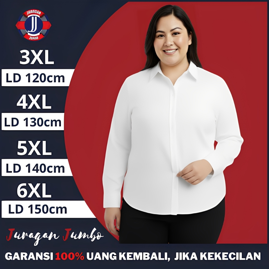 Kemeja Wanita Jumbo Lengan Panjang Putih Tidak Nerawang Big Size LD 120 130 140 150