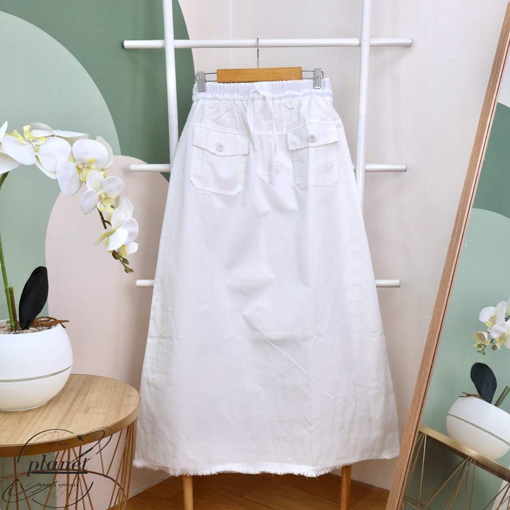 ROK PUTIH POLOS WANITA ROK PANJANG DEWASA MAXI ROK JEANS PINGGANG TALI KARET