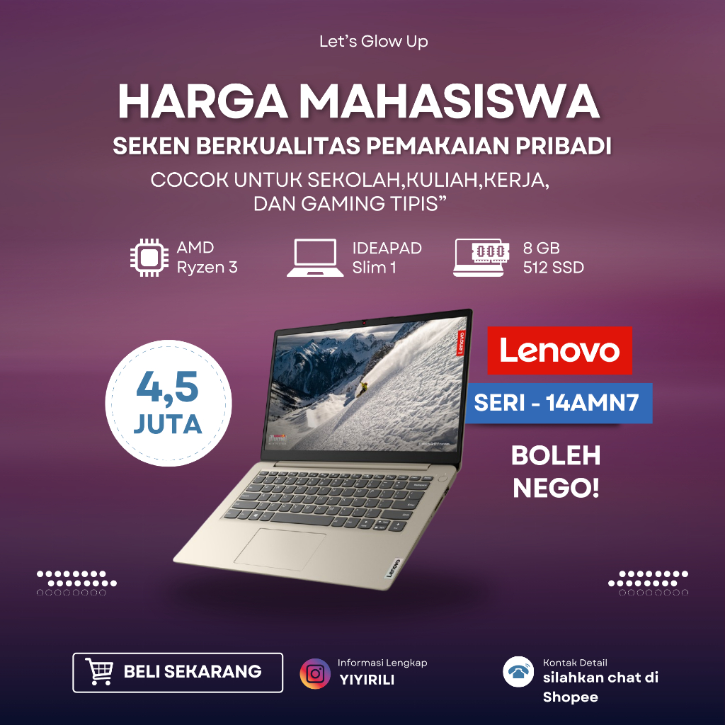 [Second] LENOVO Ideapad Slim 1 14AMN7 AMD Ryzen 3 7320U 8GB 512GB SSD Radeon 610 FHD WIN11 OHS | Lap