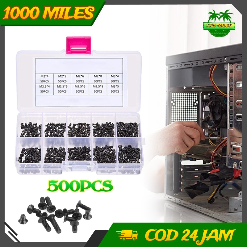 500pcs Set Sekrup Komputer M2 M2.5 M3 Sekrup Silang Hitam Kepala Tunduk 10 Spesifikasi Universal