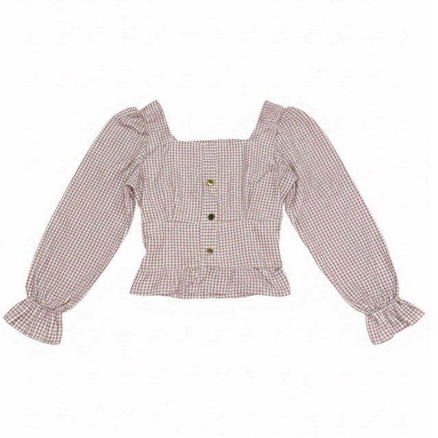 PRELOVED - Blouse Gingham Square Neck Puff Long Sleeve