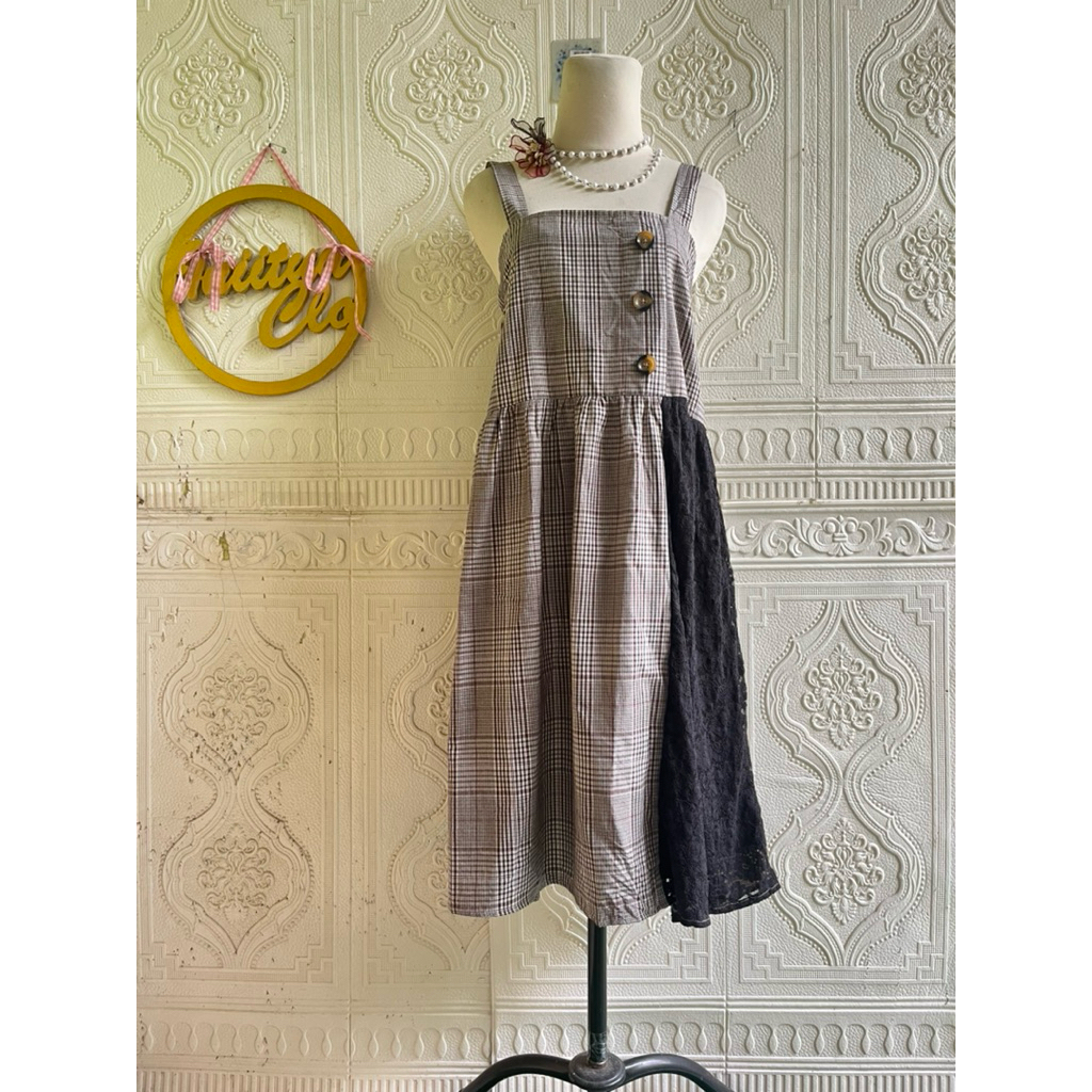 Two tone brocade tartan korean dress overall