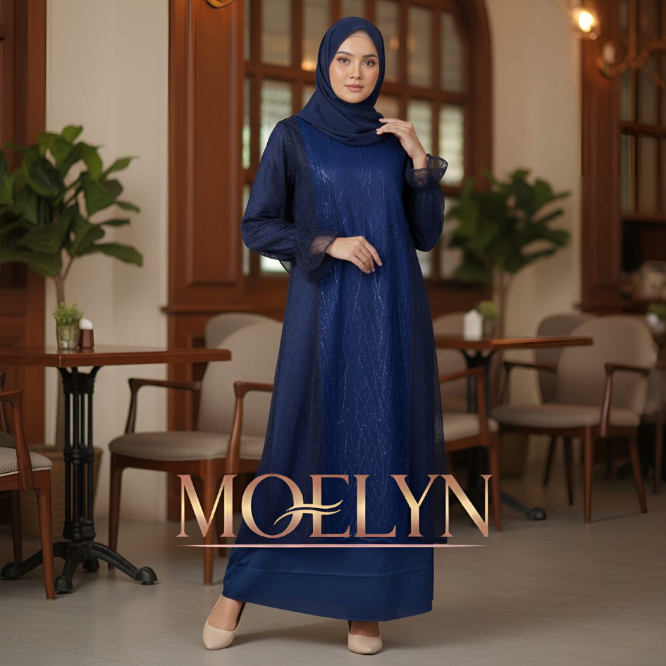 MOELYN - GAMIS LEBARAN Wanita ( ALLEA NAVY ) Dress Mewah | Gaun Pesta Maxy Silk Brokat Payet Elegan 
