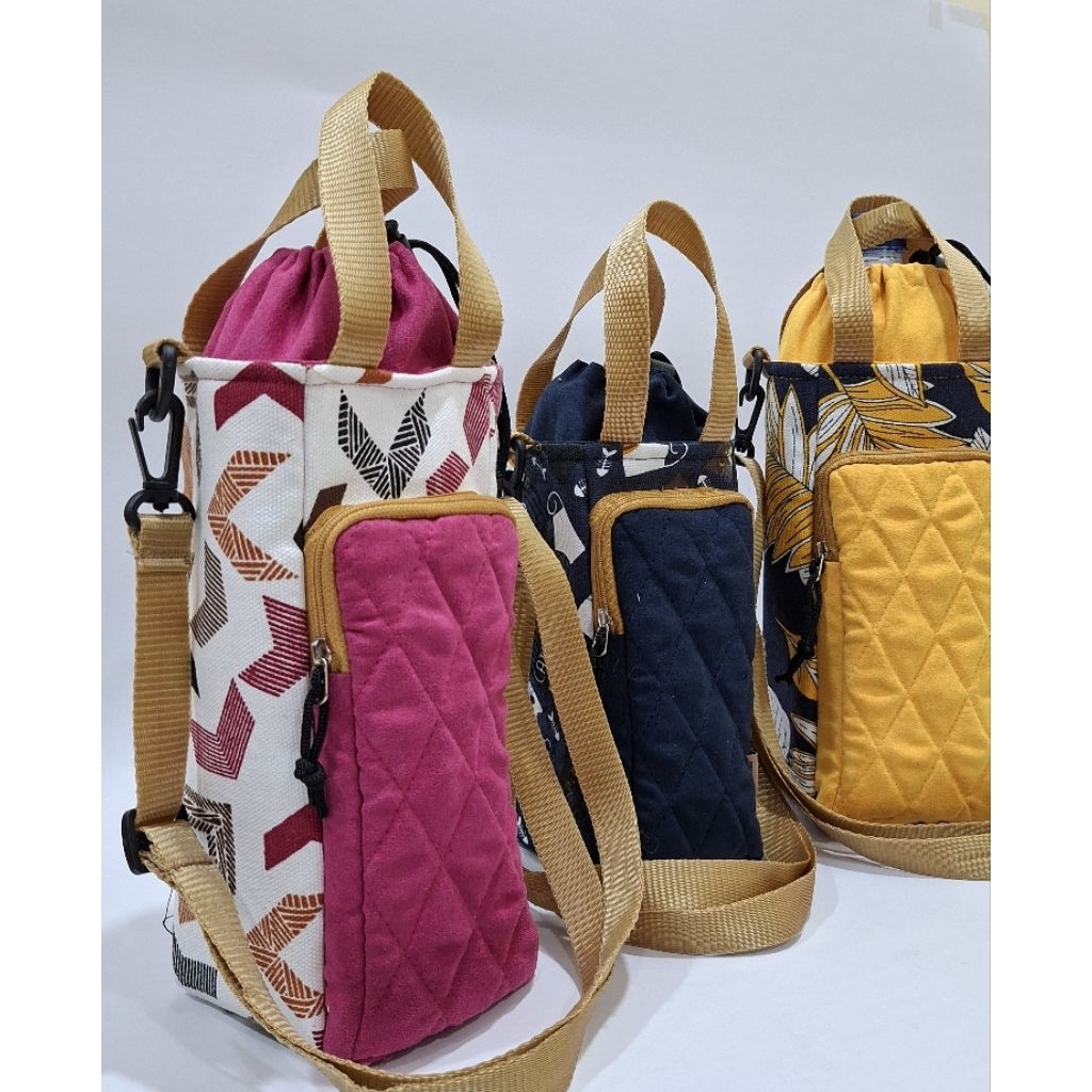 Tas Botol Minum Kantong Hp Bahan Kanvas Kombinasi Kain Suede Tali Panjang Penutup Tali serut dan Res