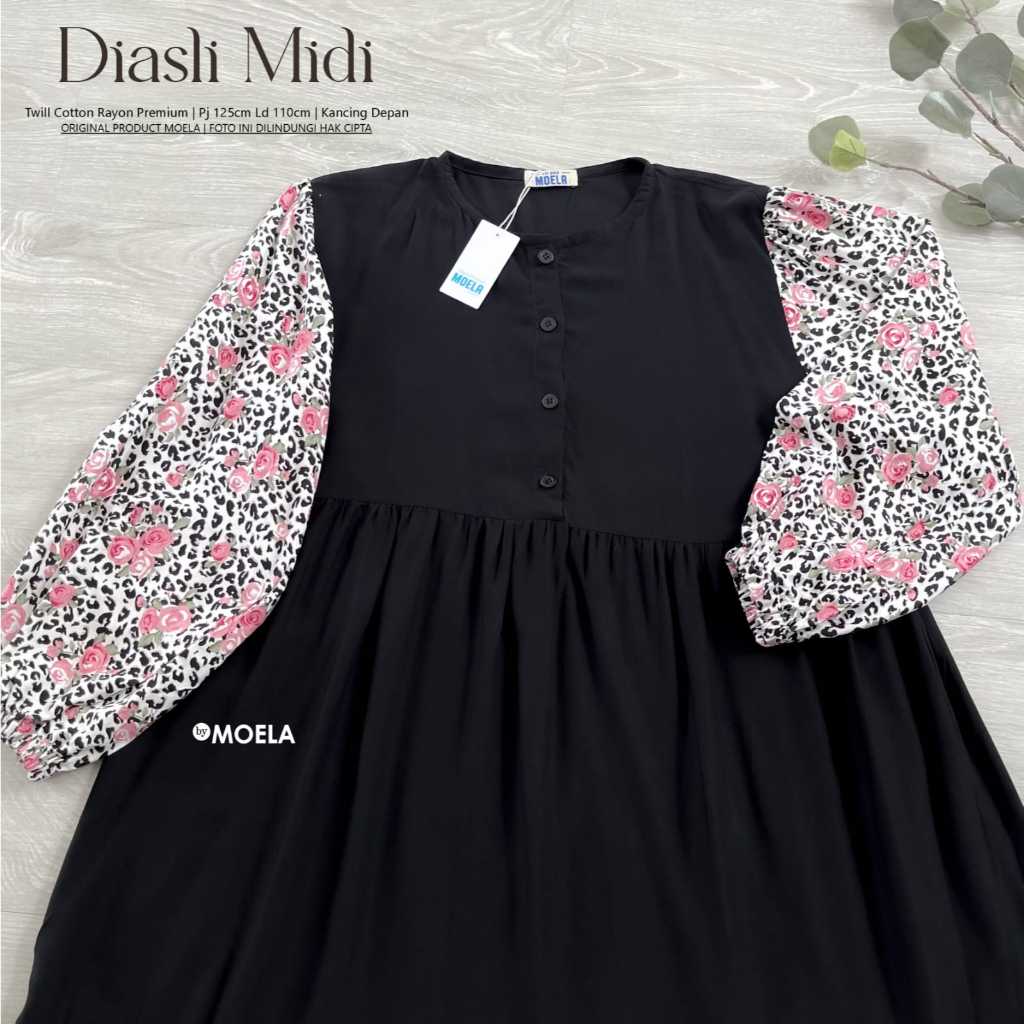 DIASLI MIDI DRESS KOMBINASI TWILL COTTON RAYON PREMIUM MURAH MEWAH BY MOELA