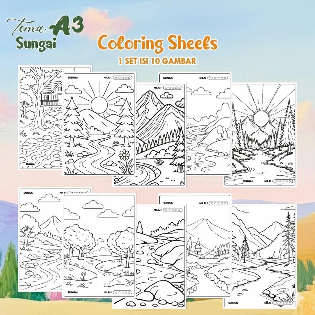 Kertas Gambar Mewarnai Anak A3 Coloring Sheets For Kids Isi 10 Lembar Ready Stok Tema Sungai