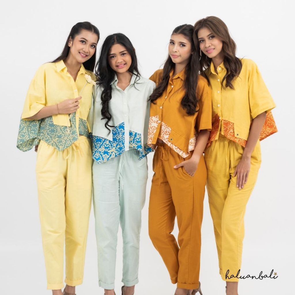 Kemeja Wanita Kombinasi Crop HaluanBali - Tjap Lakshmi Casual Modern - Bahan Katun Linen Adem - KCE-