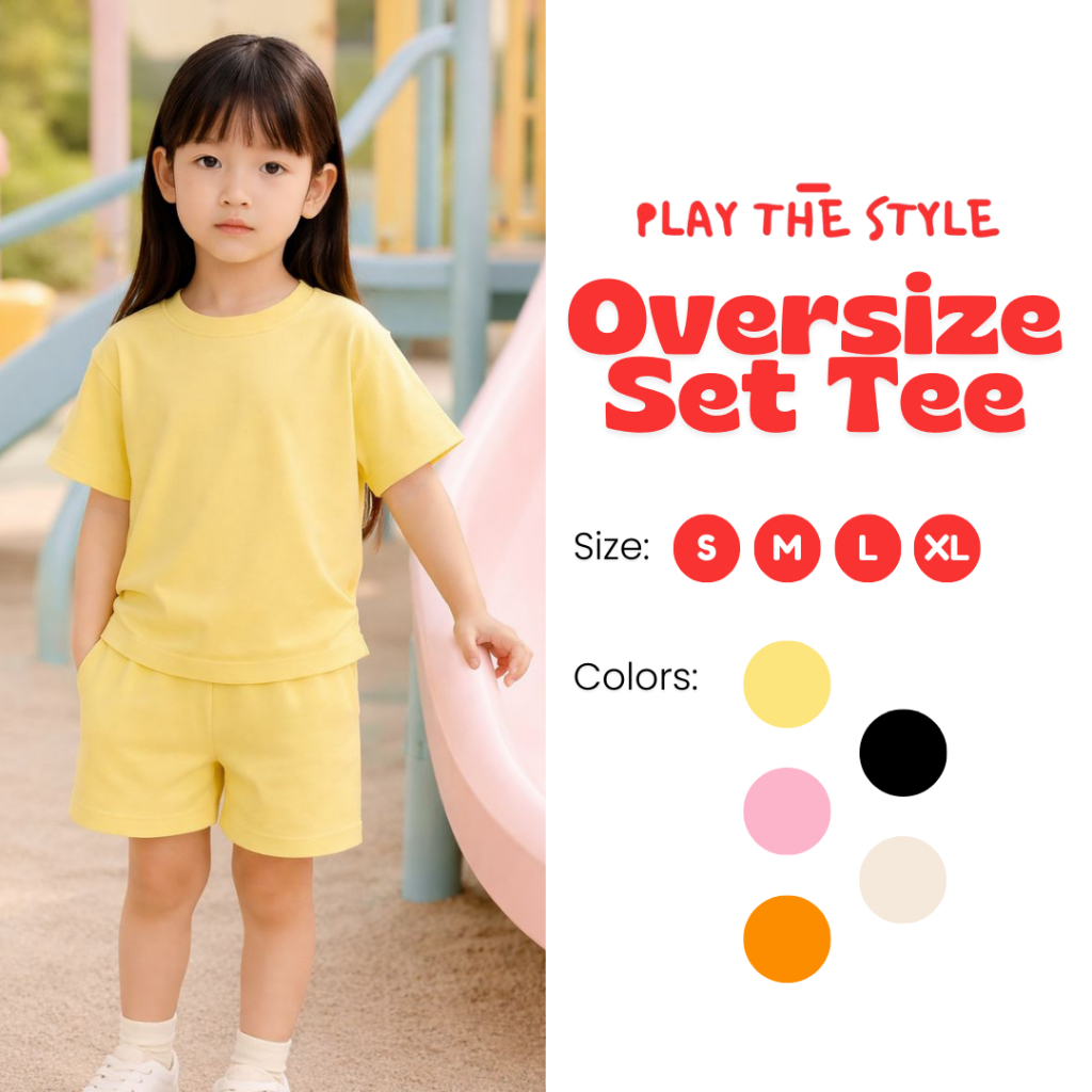 PlayTheStyle Oversize Set Tee Anak Korean Style Butter Yellow | Set Kaos Anak | Bahan Lembut Adem Pr