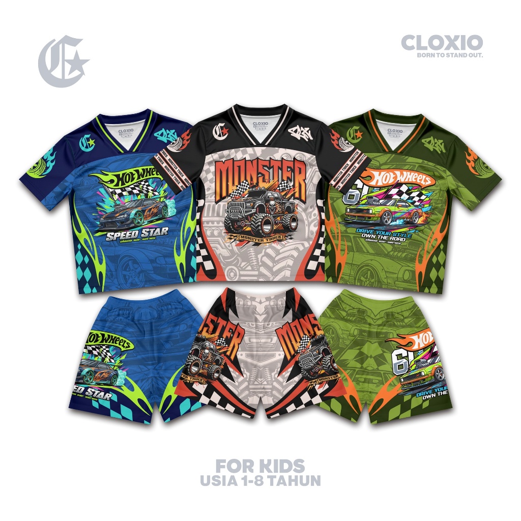 CLOXIO - Setelan Pakaian Anak Laki-laki - Baju Jersey Anak Cowok - Kaos Mobil Hotwheels Cars Lucu