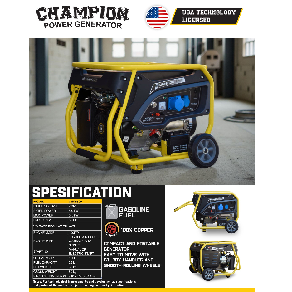 Genset Open Bensin 6000 Watt Champion CEM8500