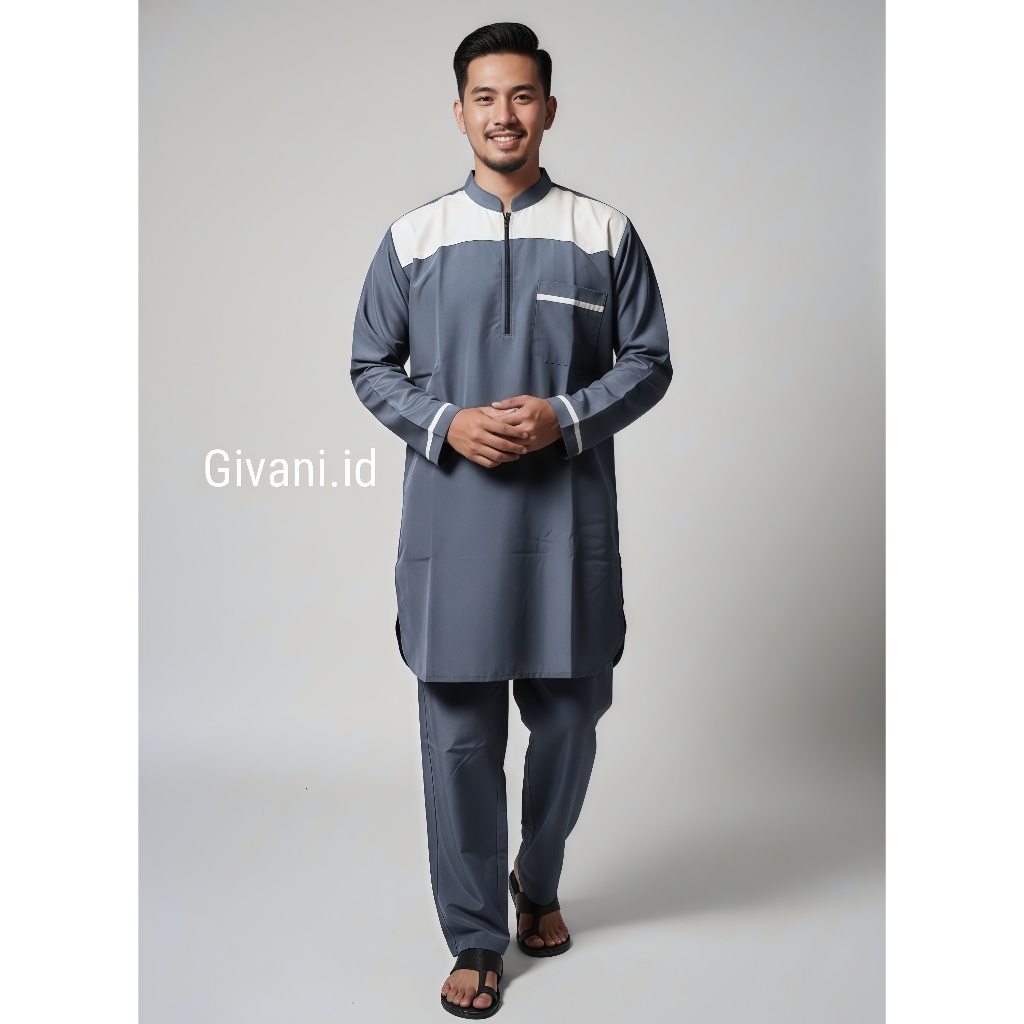 Baju Koko Pria Lengan Panjang Set Celana | Set Koko Dewasa Muslim Kurta Resleting Modern