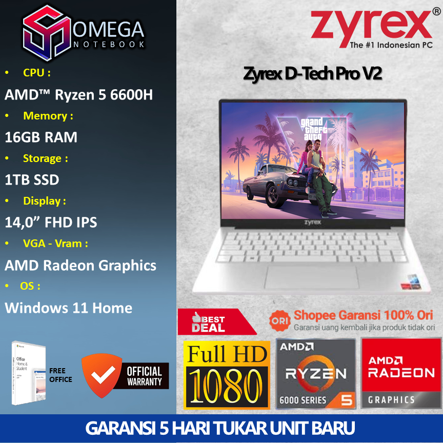 Laptop Zyrex D-Tech Pro V2 Ryzen 5 6600H 16GB 1TB SSD 14,0 FHD IPS Windows 11