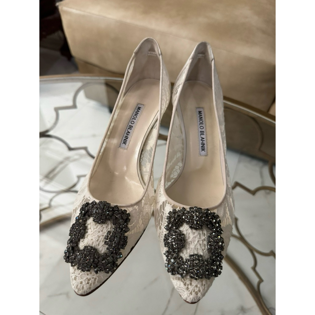 MANOLO BLAHNIK HEELS 5cm HANGISI LACE WHITE size 37.5