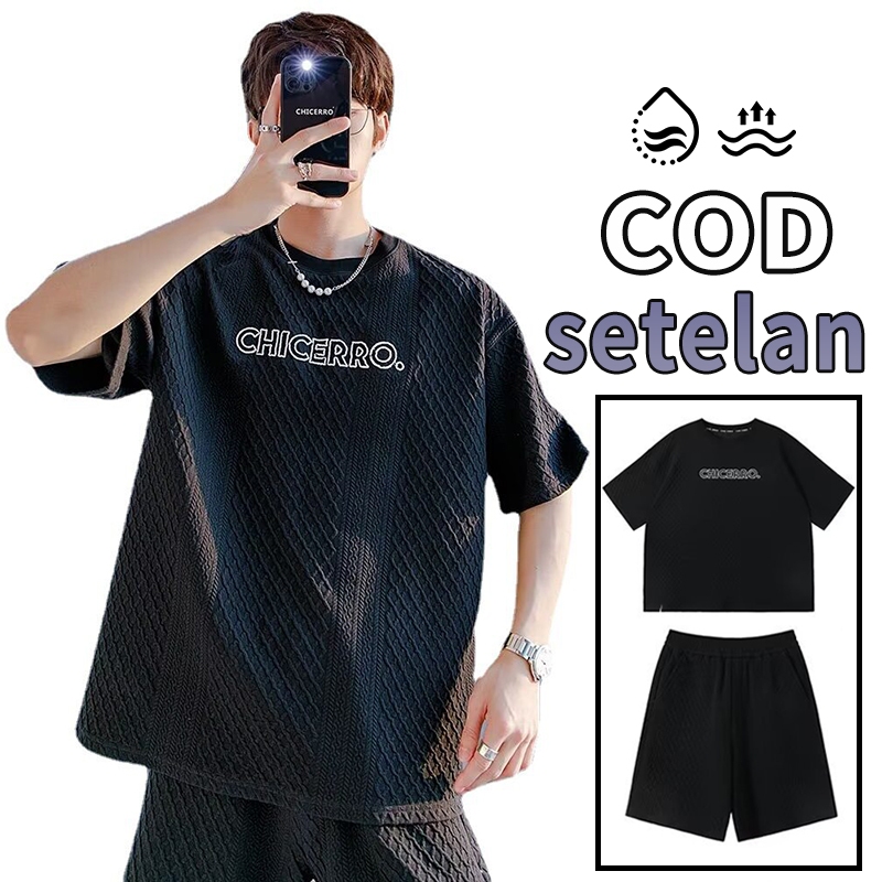 2026 korean Baju Pantai Pria Baju setelan pria Baju celana pria 1 set Kasual kain waffle baju pria