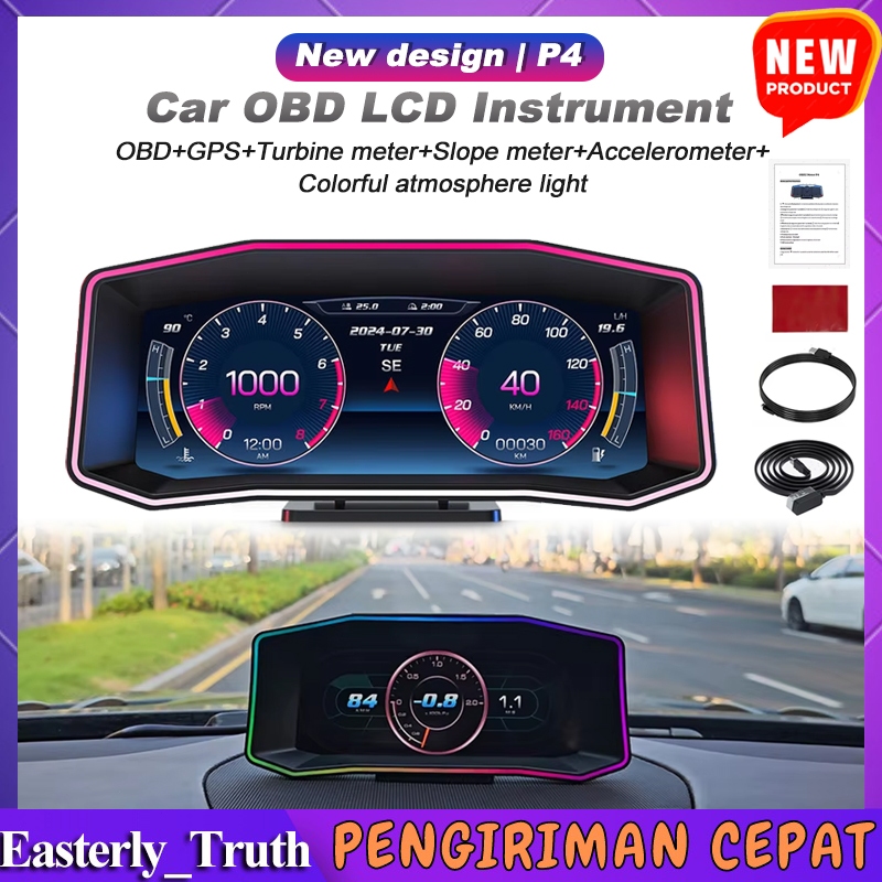 Head Up Display P4 OBD2 Mobil HUD Speedometer Digital RPM Suhu Mesin GPS Alarm Lengkap