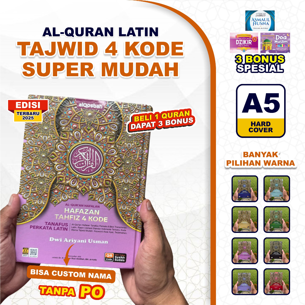 (Bonus 3 Buku) Alquran Latin Mudah Untuk Pemula Hafazan Perkata Latin A5 Tajwid 4 Kode Free Custom N