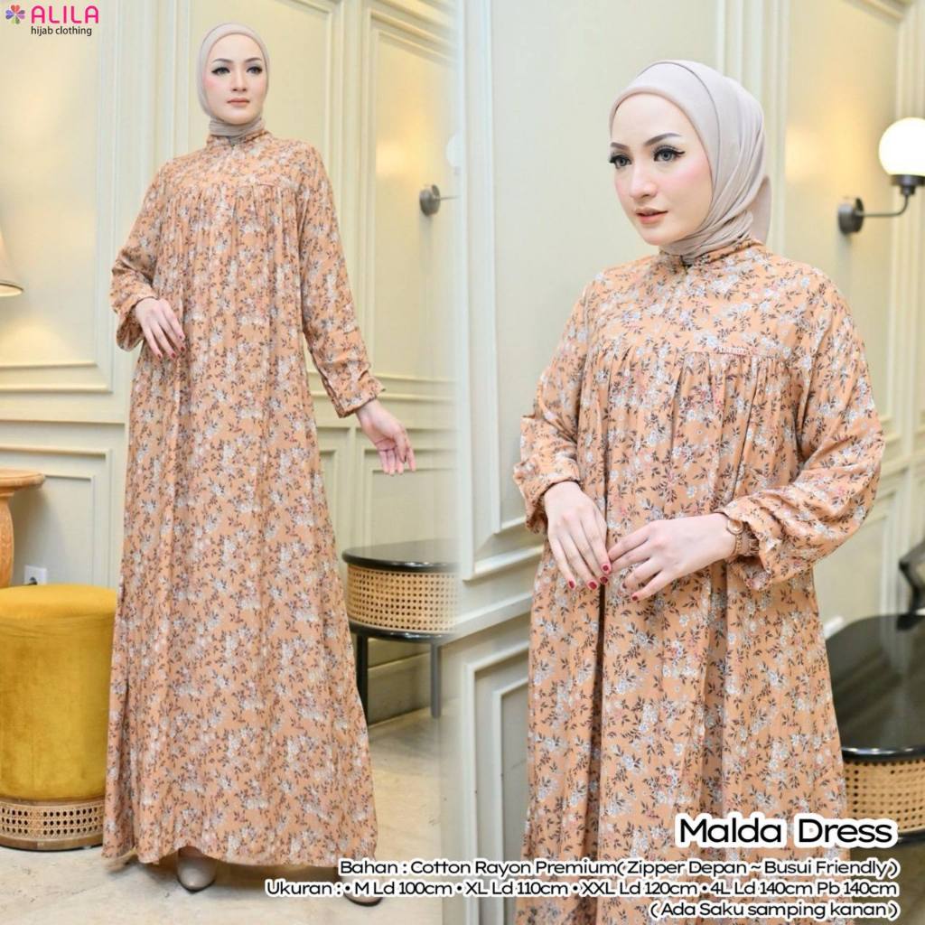 Gamis Malda Dress Original ALILA Busui Friendly Zipper Depan Bahan Cotton Rayon Premium Motif Bunga 
