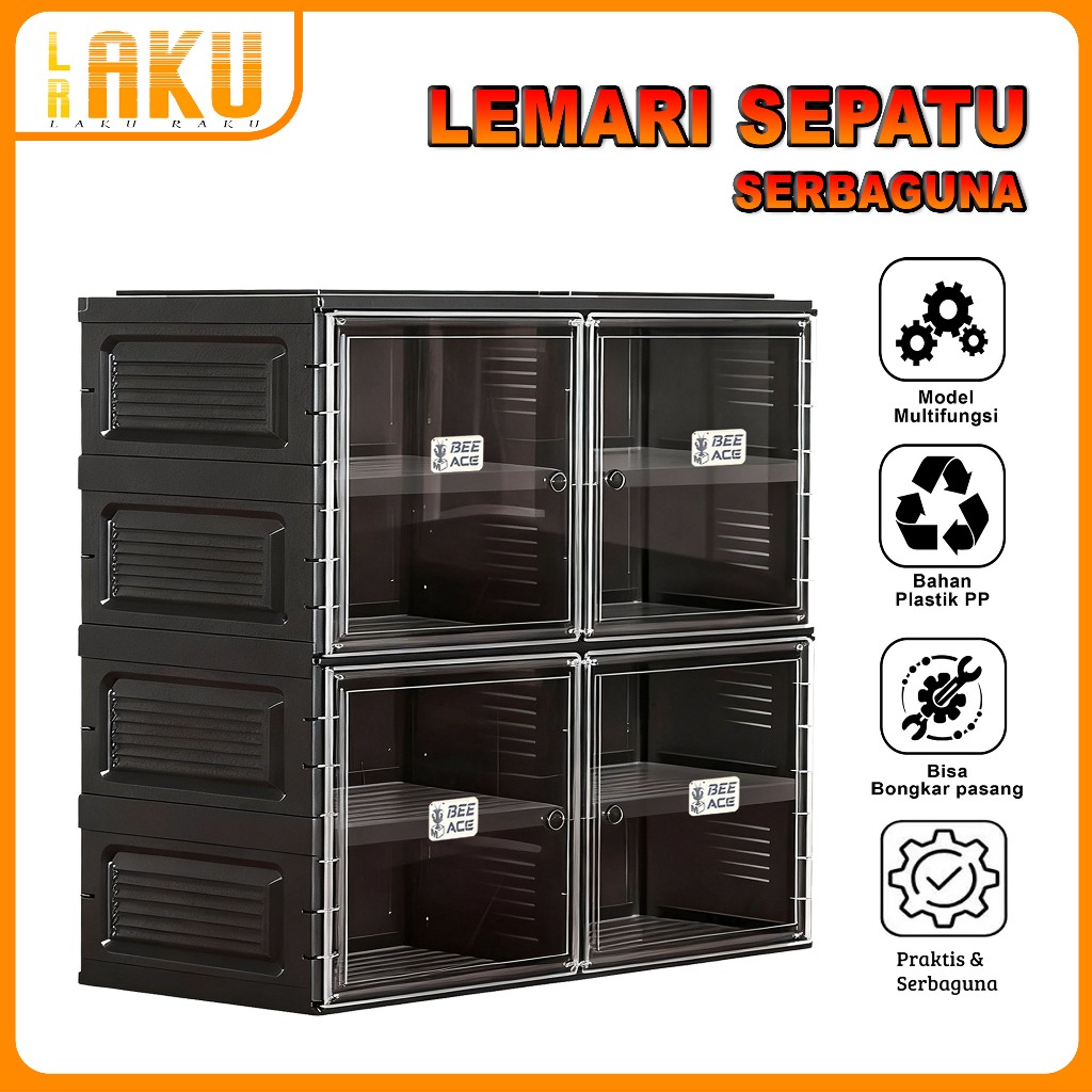 (LR) Lemari Sepatu Susun  Rak Sepatu Lipat Rak  Plastik Transparan  Rak Sepatu Tertutup  8 Box