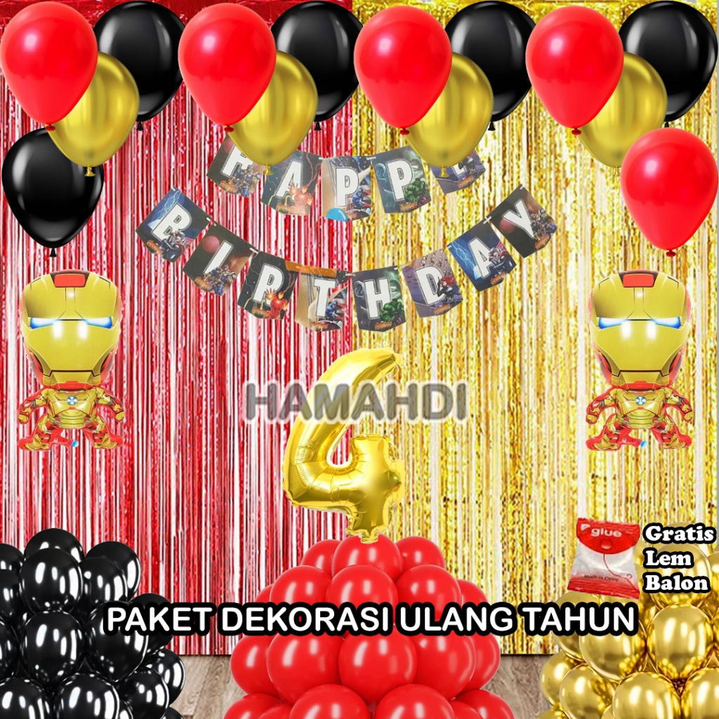 Paket Dekorasi Ulang Tahun Nama Anak Tirai Merah Dan Gold Banner HBD Karakter Avenger Balon Metalik 