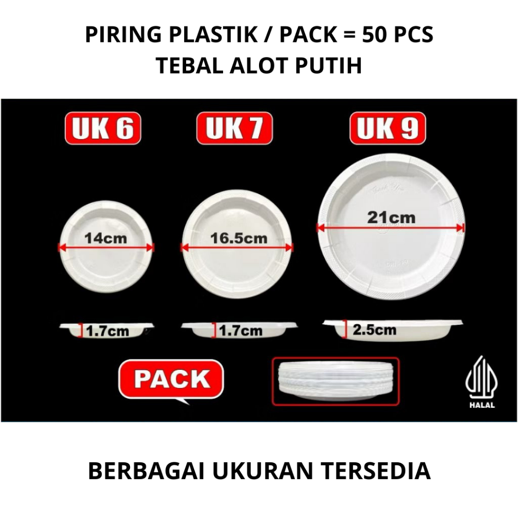Piring Makan Plastik Tebal Putih Sekali Pakai P6 Uk 6 inch kecil / P7 sedang / P9 Besar Pack