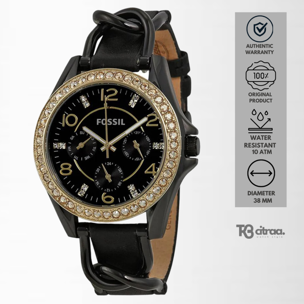 Jam Tangan Wanita Fossil Riley Chronograph Kulit Black Mewah Casual Original ES3696