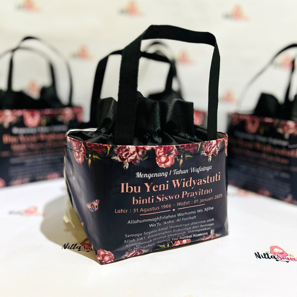 Tas Souvenir Mengenang Kematian Meninggal 100 hari Tas Tahlilan Haul model Serut masuk kotak 20x20